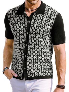 Men's Black 70s Vintage Contrast Polo Short Sleeve Retro Knitwear Shirt